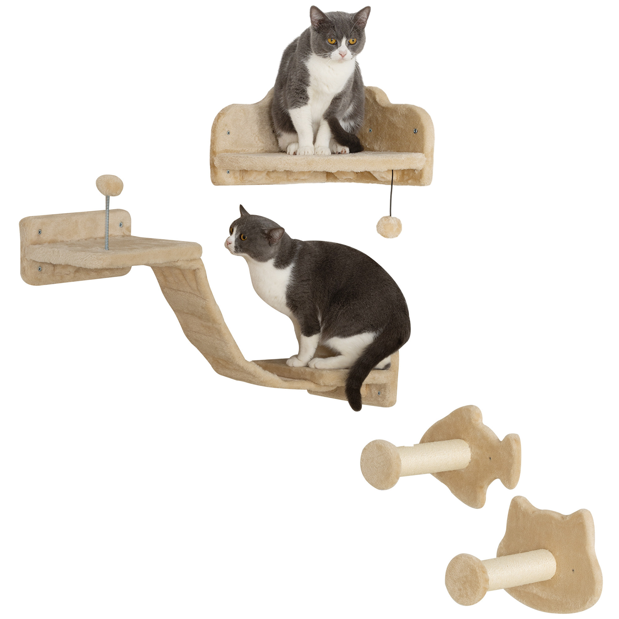 Juego de Estanterías para Gatos de 4 Piezas Rascador de Pared para Gatos con 2 Postes de Sisal Plataforma Doble con Escalera Suave y 1 Plataforma para Saltar Beige