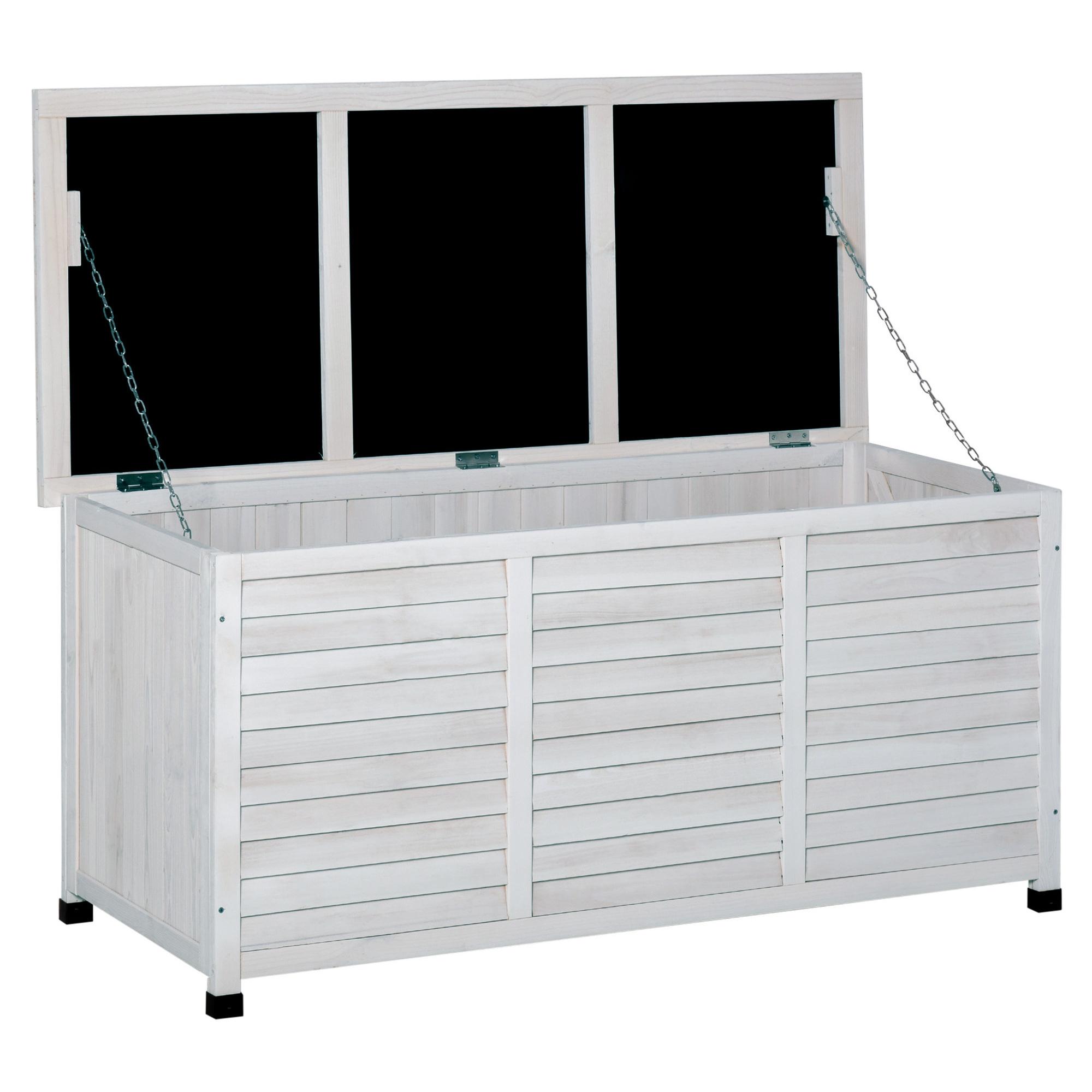 Baúl de Madera Exterior Caja de Almacenamiento de Jardín con Tapa Abrible y Diseño Persiana 127x56x60 cm Blanco