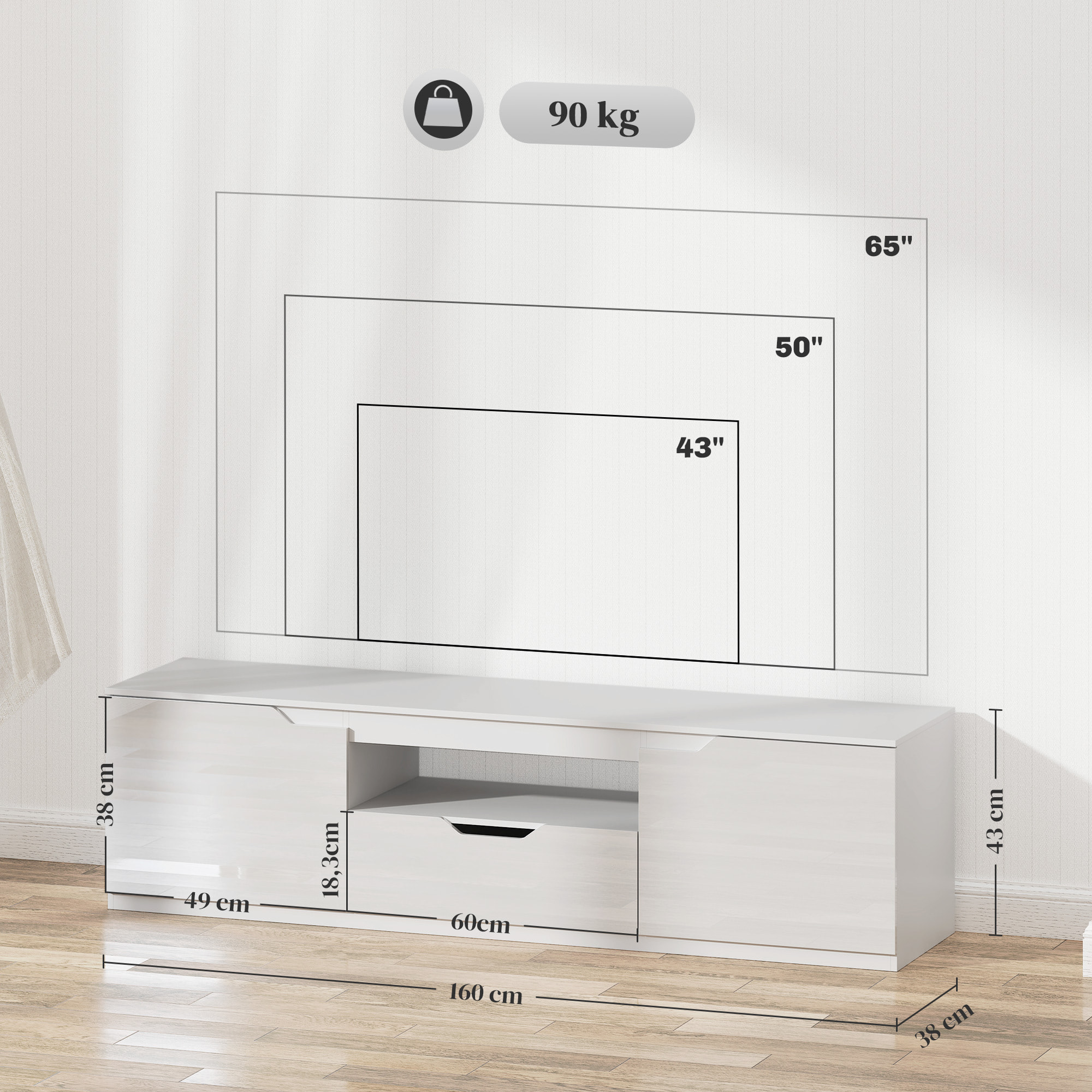 Meuble TV design façade laquée 2 portes tiroir niche blanc
