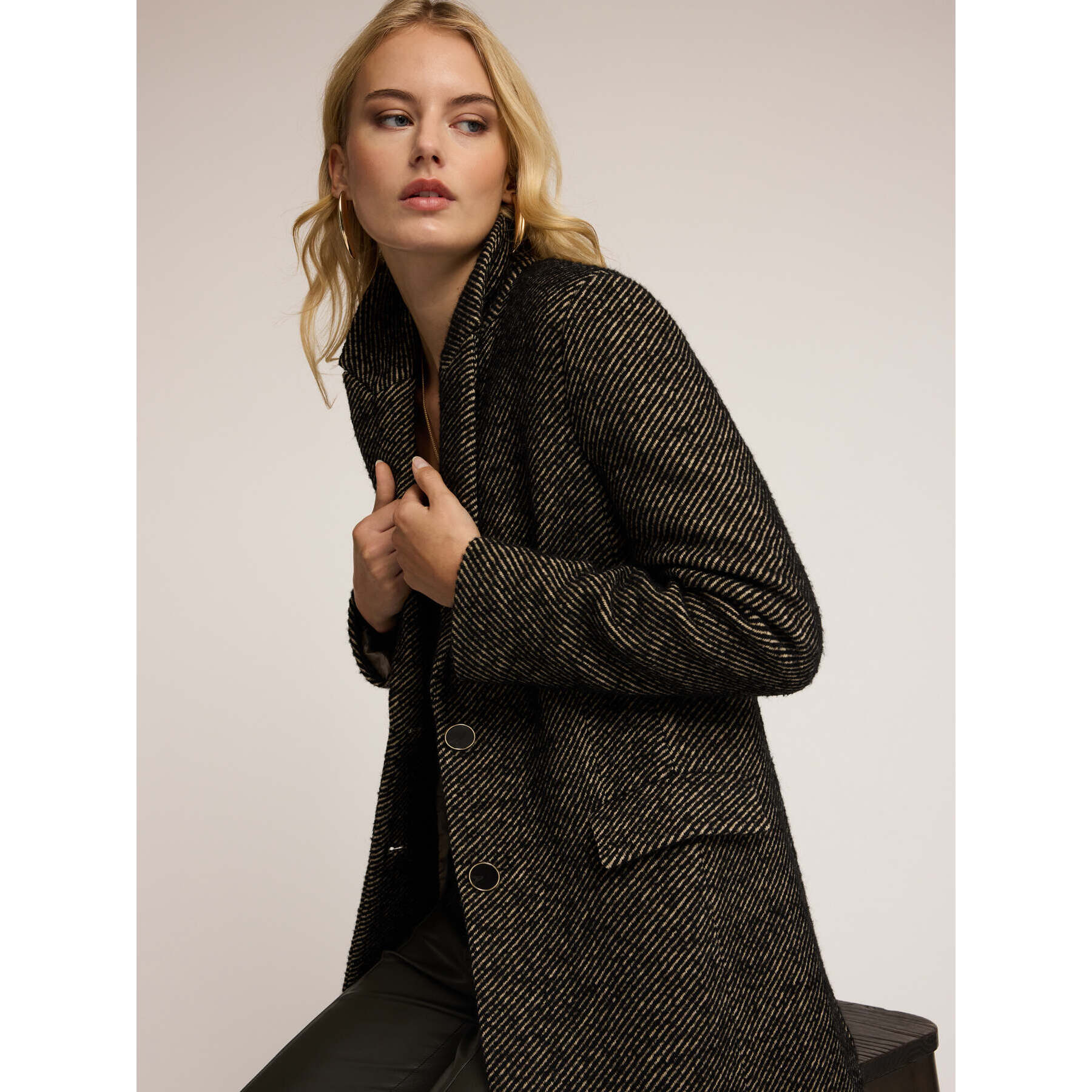 Motivi - Cappotto lungo in tessuto tinto filo - Nero