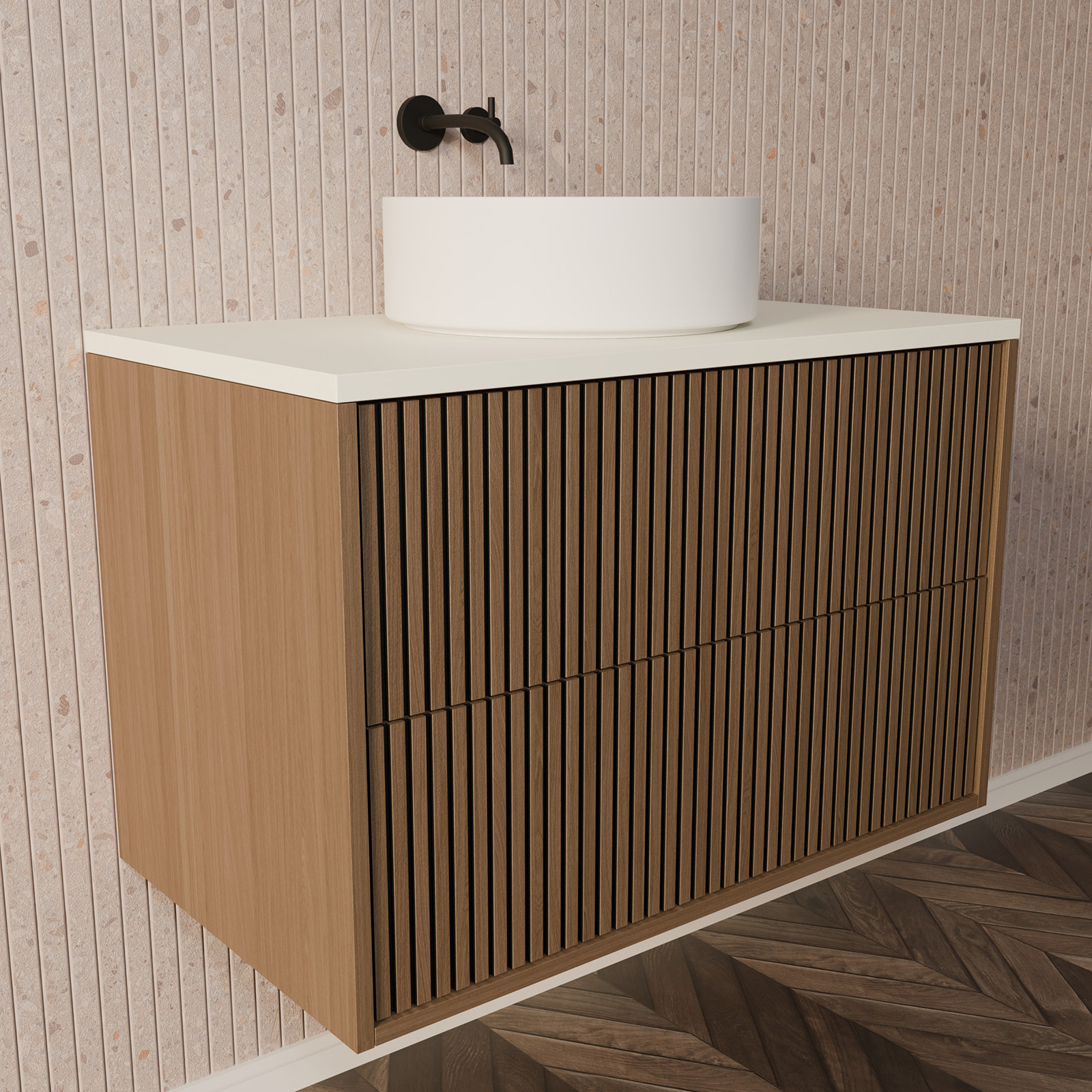 Meuble Salle de Bains 60 2 Tiroirs Décor Chêne et Noir - Vasque et Plan Blancs - Miroir LED 60