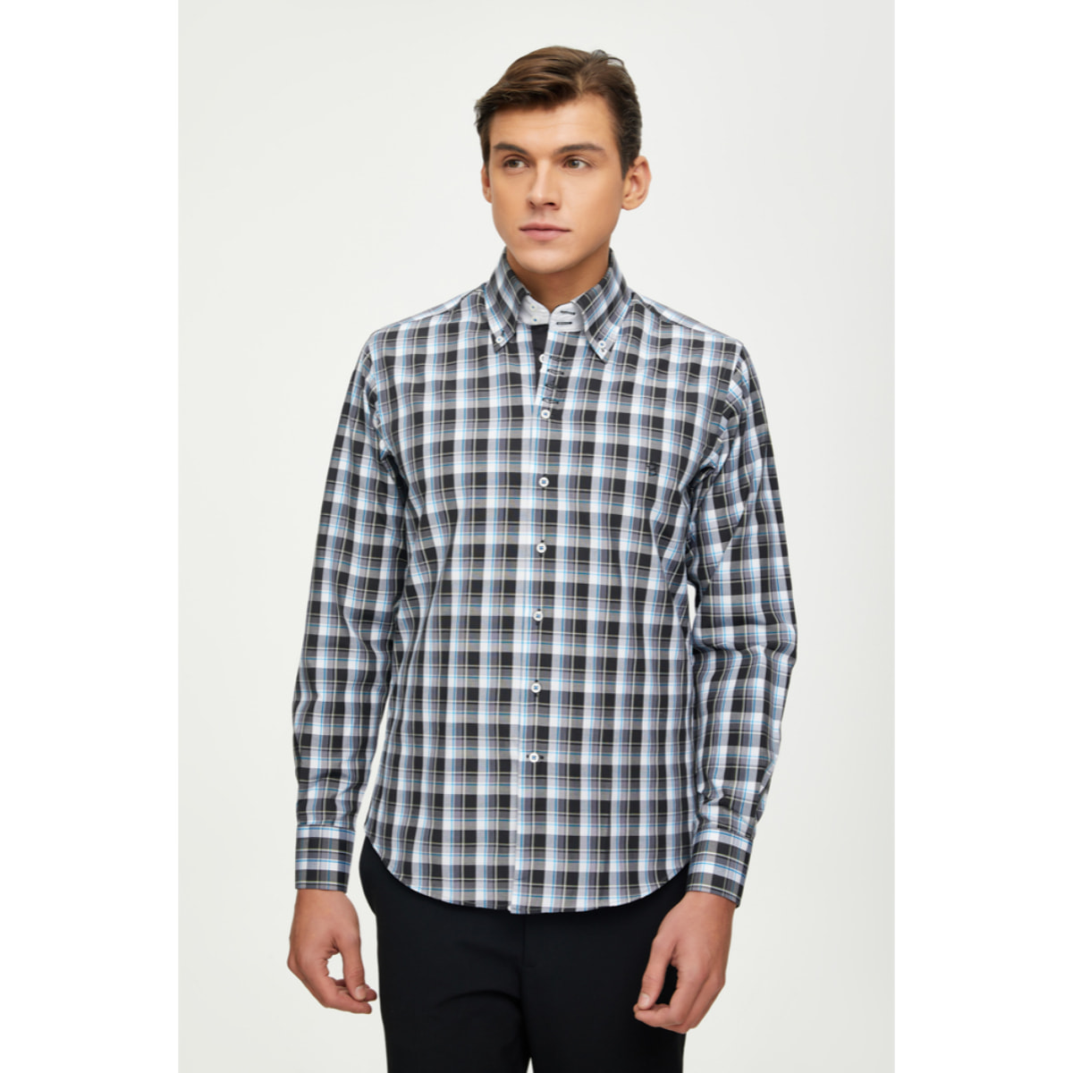 Camicia Uomo 2 Bottoni Button Down 7 Bottoni Slim Cotone Poliestere Quadro Grande Nero/Bianco