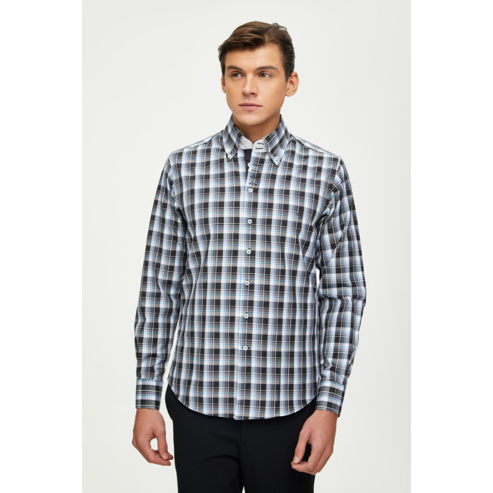 Camicia Uomo 2 Bottoni Button Down 7 Bottoni Slim Cotone Poliestere Quadro Grande Nero/Bianco