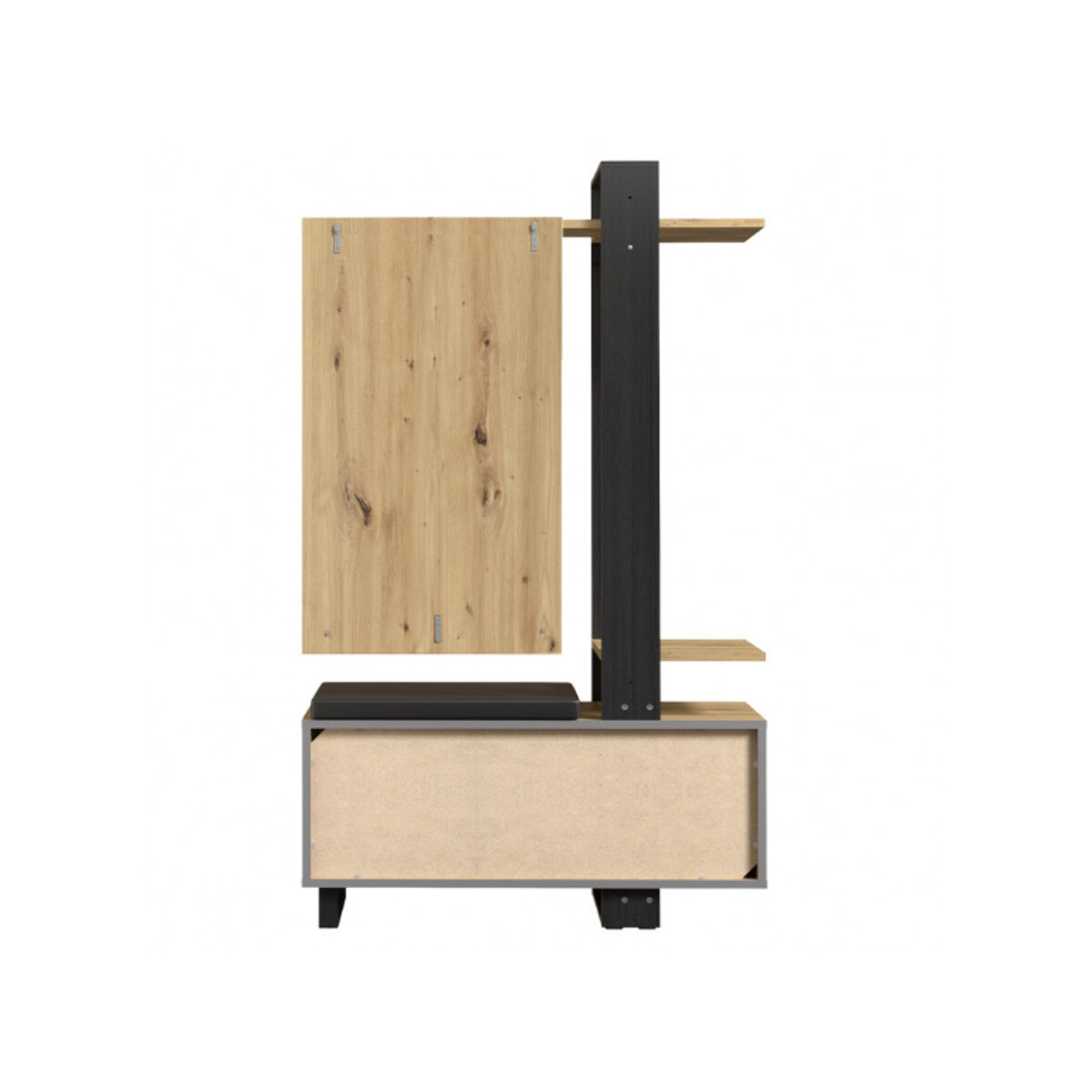 Vestiaire en bois effet chêne avec rangements, miroir et coussin - MARACAS