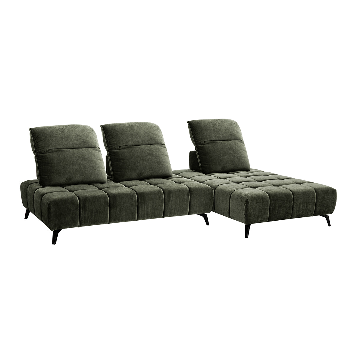 Canapé modulable 4 places avec têtières ajustables en tissu effet velours vert kaki et métal noir OLMO