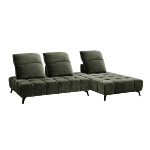 Canapé modulable 4 places avec têtières ajustables en tissu effet velours vert kaki et métal noir OLMO