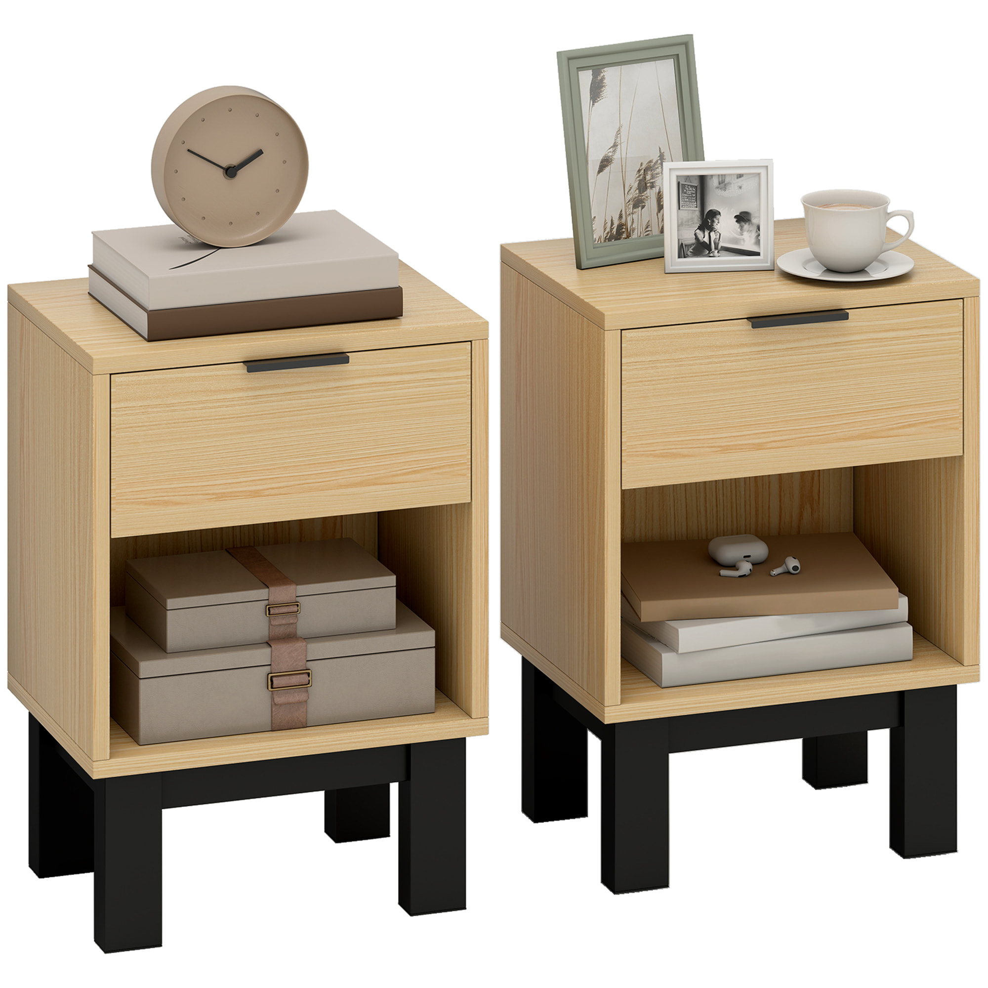 Juego de 2 Mesitas de Noche Estrechas, Mesillas de Noche Modernas con Cajón y Estante Abierto, para Dormitorio, Salón, 35x26x50 cm, Roble