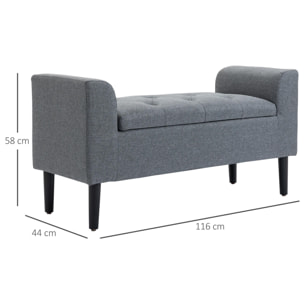 HOMCOM Banco Pie de Cama Acolchado con Espacio de Almacenaje Banqueta Multifuncional con Brazos Tapa Abatible y Patas de Madera para Dormitorio Salón 116x44x58 cm Gris