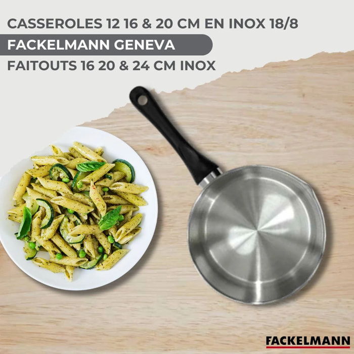 Batterie de cuisine avec 3 casseroles 12/16/20 cm et 3 faitouts 16/20/24 cm en inox sans PFAS Fackelmann Généva Brillant