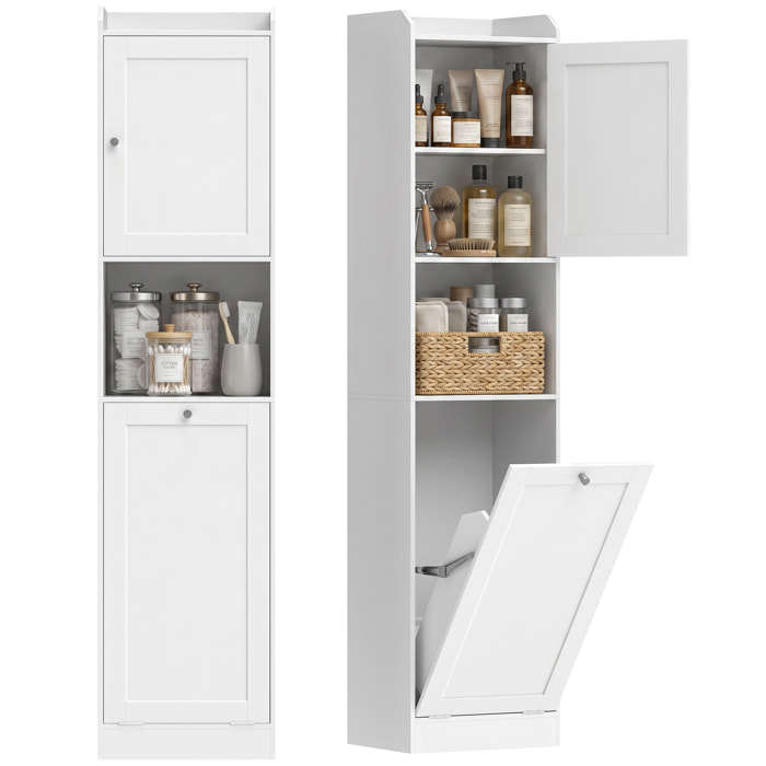 Armario Alto de Baño con Cesto Ropa Sucia, Mueble de Baño Estrecho con Compartimentos Abiertos y Estantes Ajustables, para Espacios Pequeños, 40x30x170 cm, Blanco
