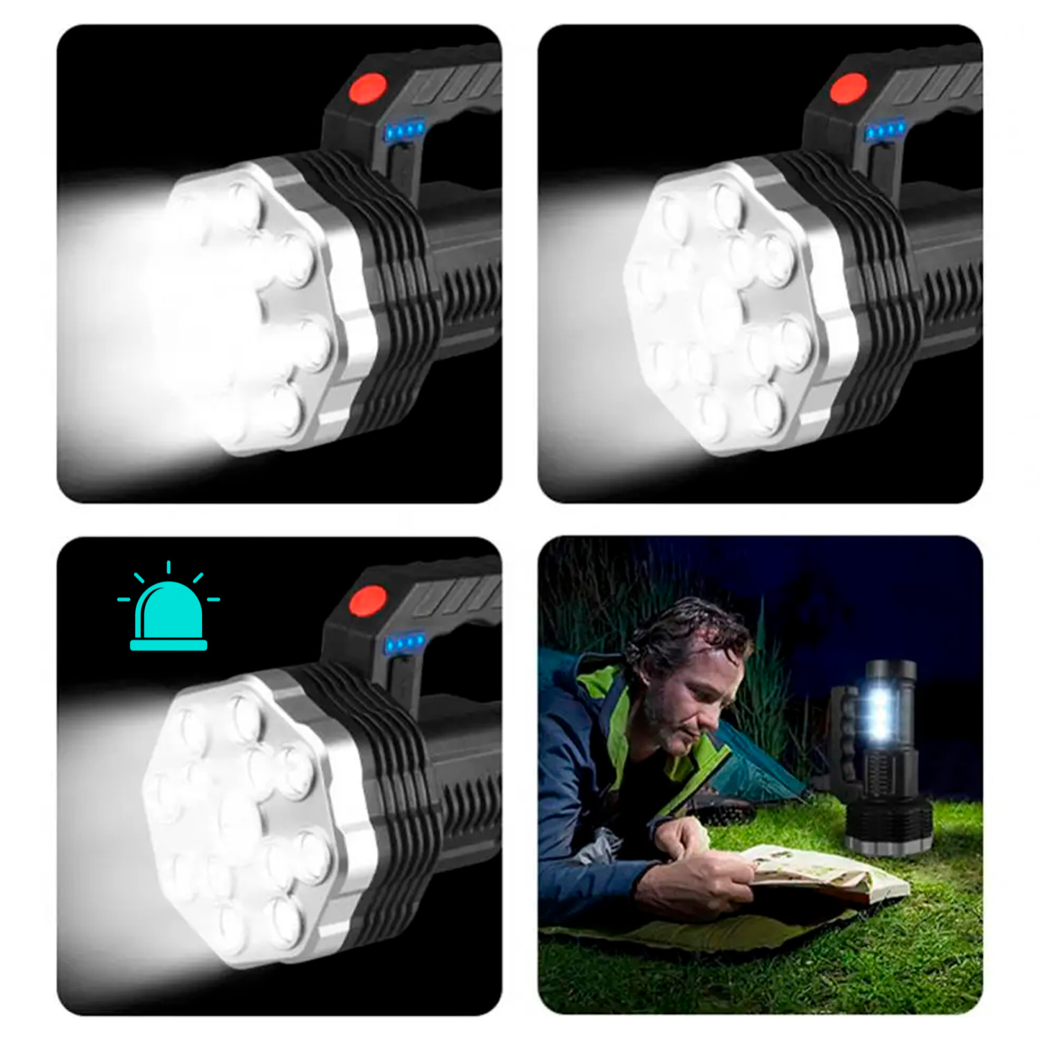 Torcia LED ad alta performance con 13 LED, 4 livelli di luminosità, luce COB ausiliaria e batteria ricaricabile da 1200mAh.