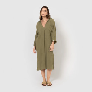Vestido midi algodón lino verde cacería