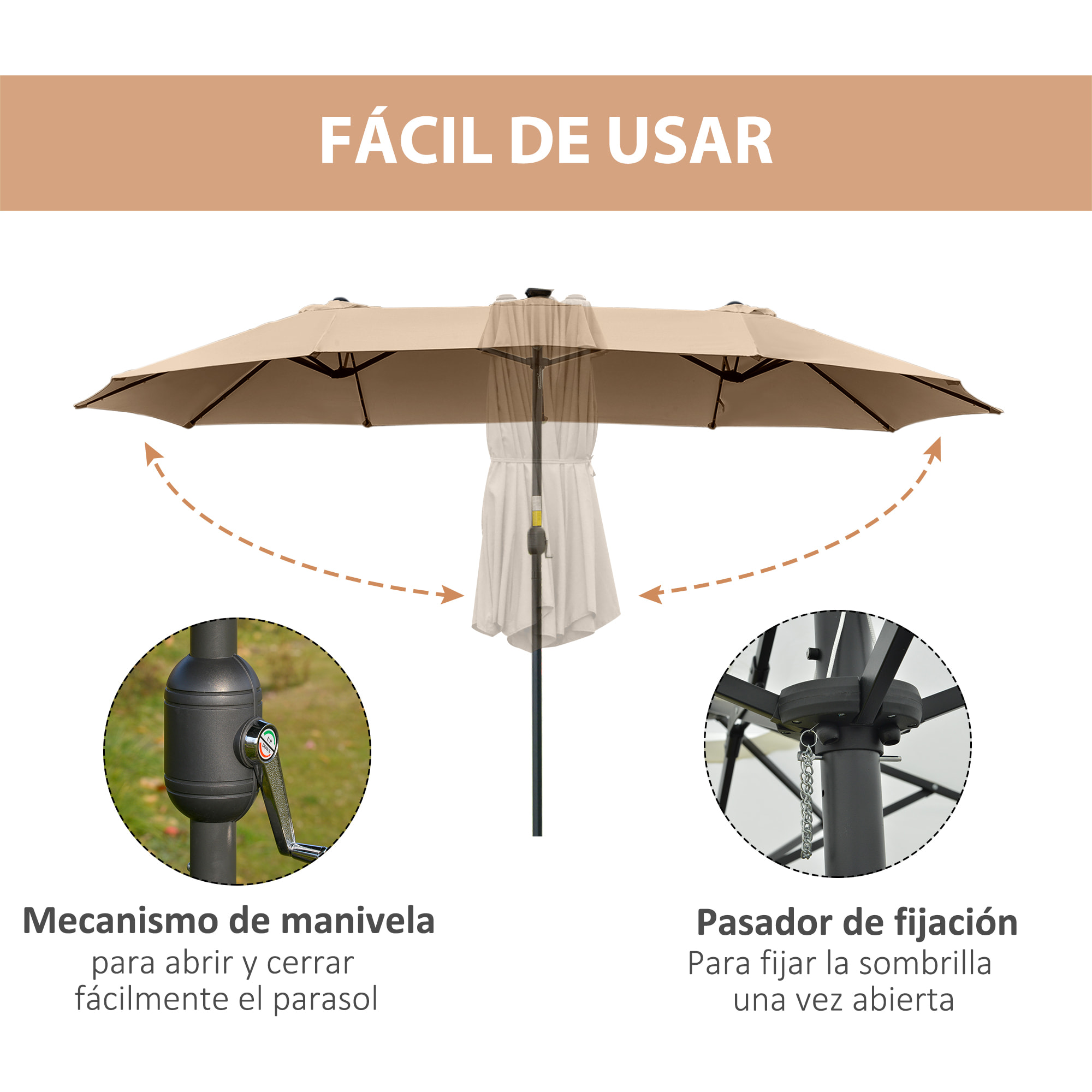 Sombrilla Doble de Jardín con 48 Luces LED Solar 450x265x240 cm Parasol Grande de Exterior con Manivela Protección Solar para Terraza Balcón Piscina Caqui