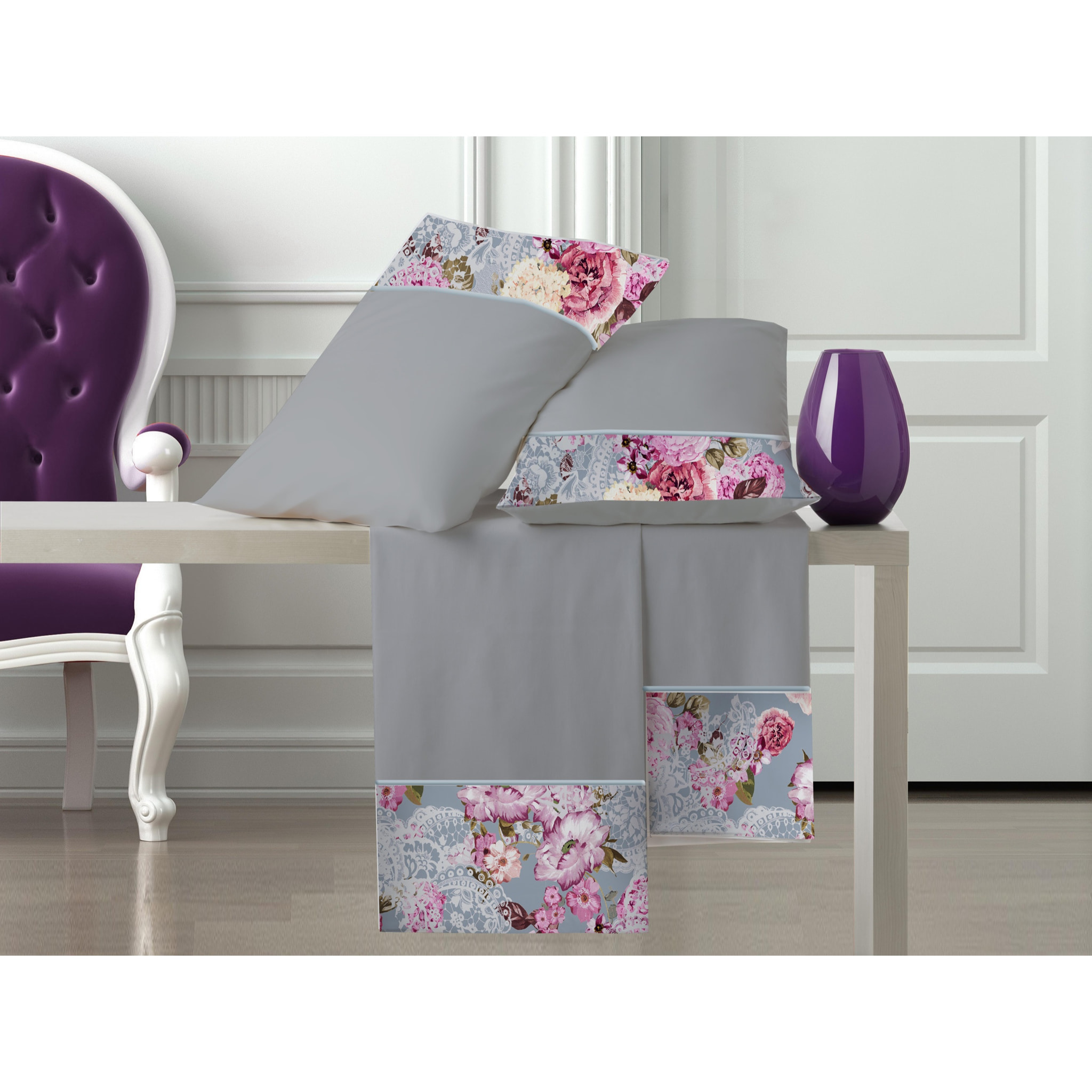 Completo letto Arminie IPERSAN Puro Cotone Ricamo Grigio
