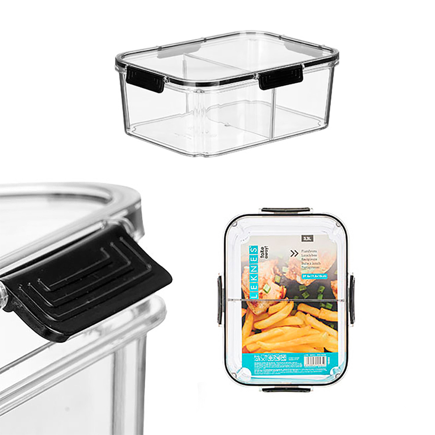 Fiambrera hermética transparente negra con lámina divisoria removible. 3300ml de capacidad.