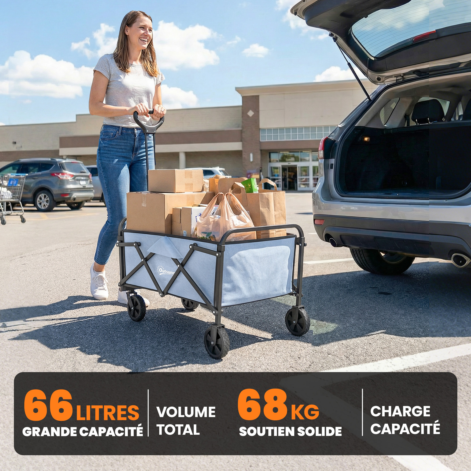 Chariot de jardin plage pliable 66L poignée télescopique métal polyester gris