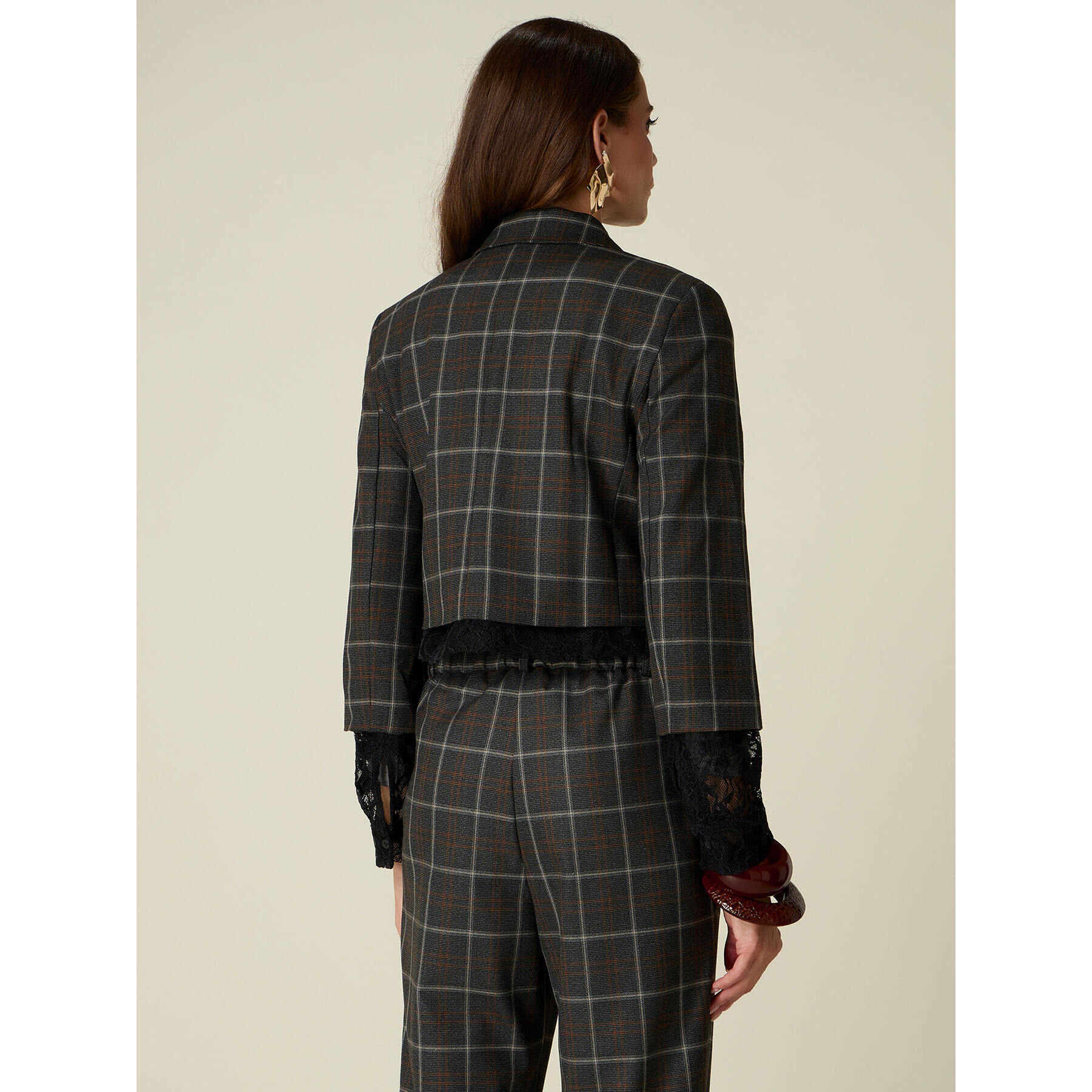Oltre - Blazer cropped a quadri con dettagli pizzo - Grigio