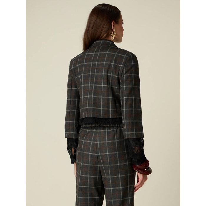 Oltre - Blazer cropped a quadri con dettagli pizzo - Grigio
