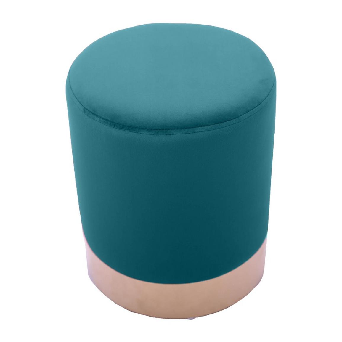 Pouf tondo in velluto celeste con placca dorata