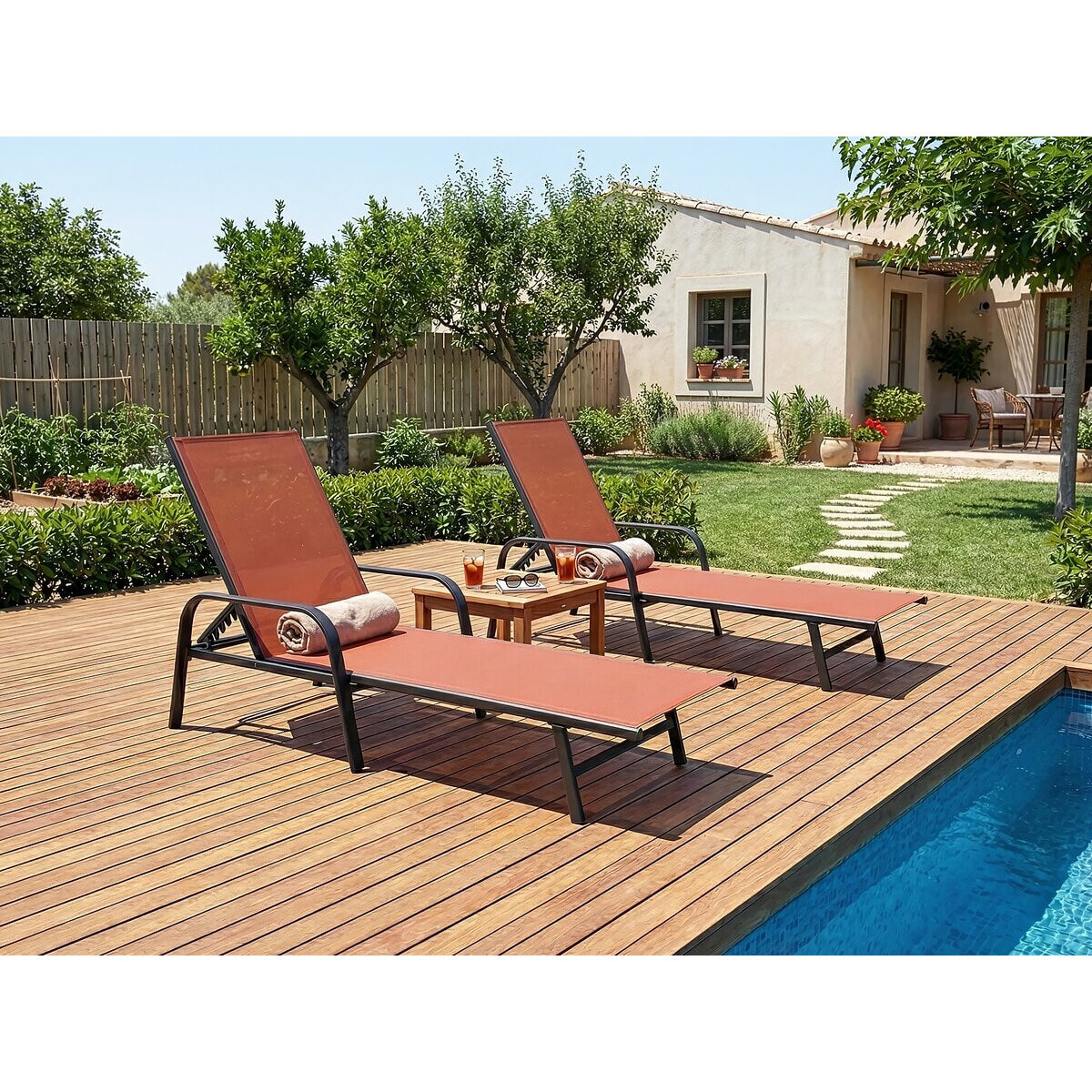 Lot de 2 bains de soleil en métal avec accoudoirs "Farniente"- Terracotta