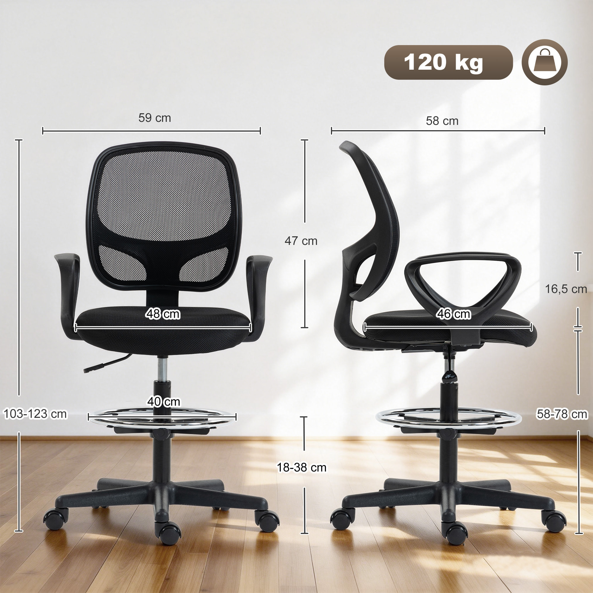 Chaise bureau ergonomique hauteur réglable tissu en maille noir