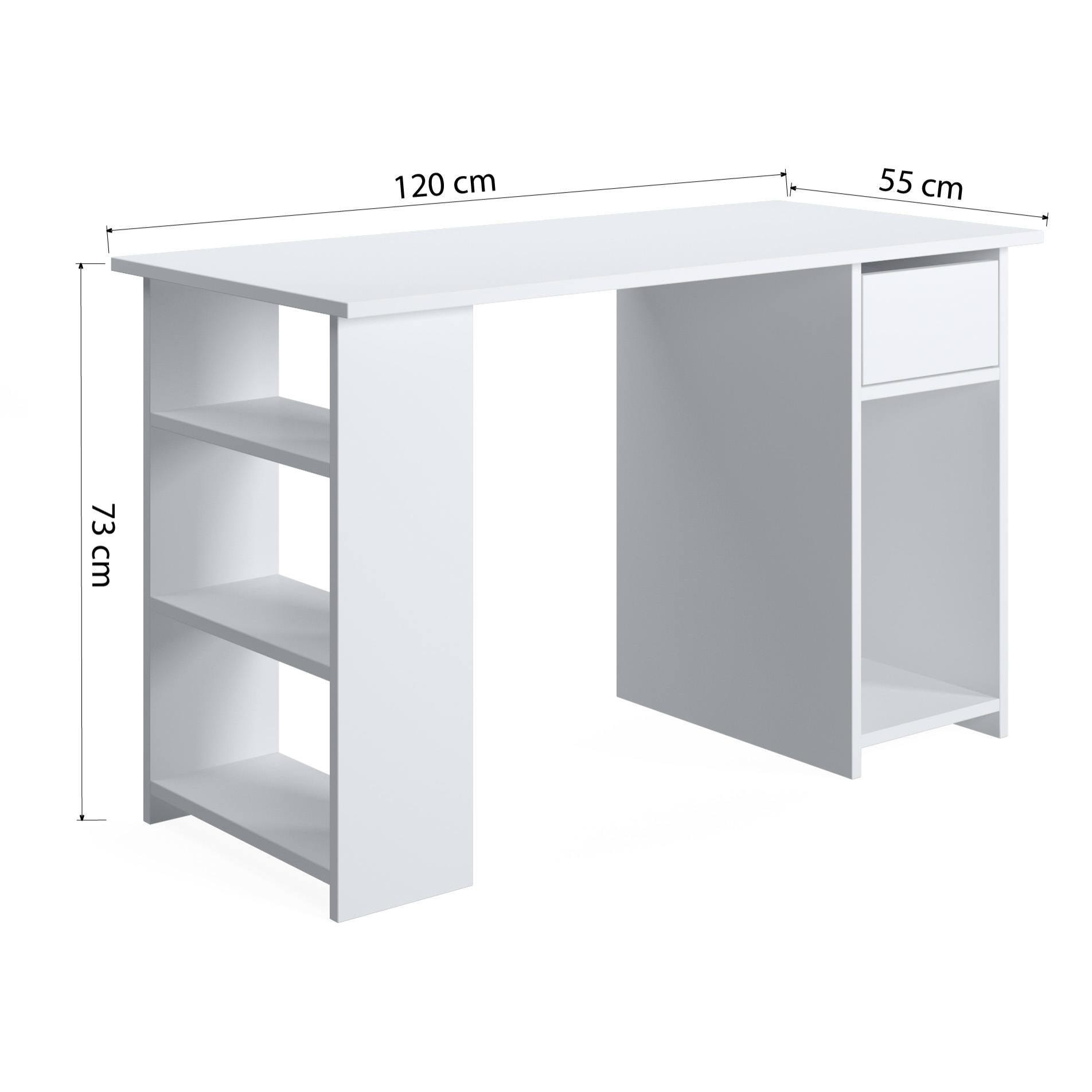 Scrivania con ripiani e cassetto, cm 120 x 54,8 x 73, colore bianco