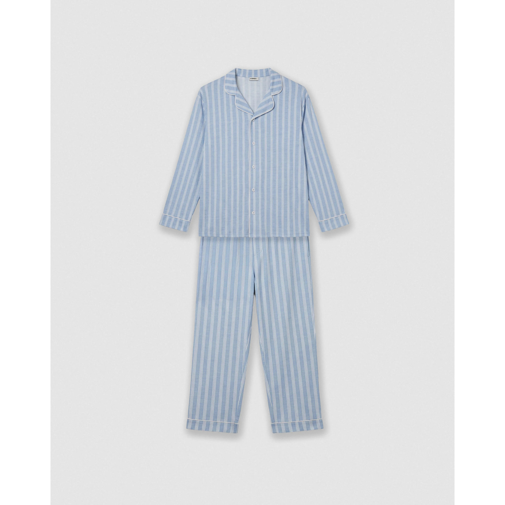 Pigiama lungo a camicia in cotone a righe Marsella celeste