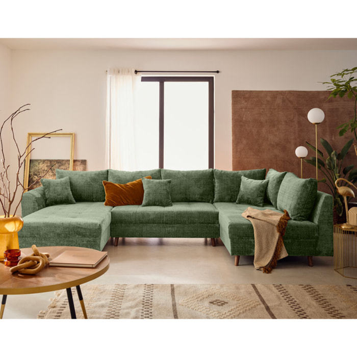 Rune - canapé panoramique d'angle droit 7 places en velours texturé - Vert sauge