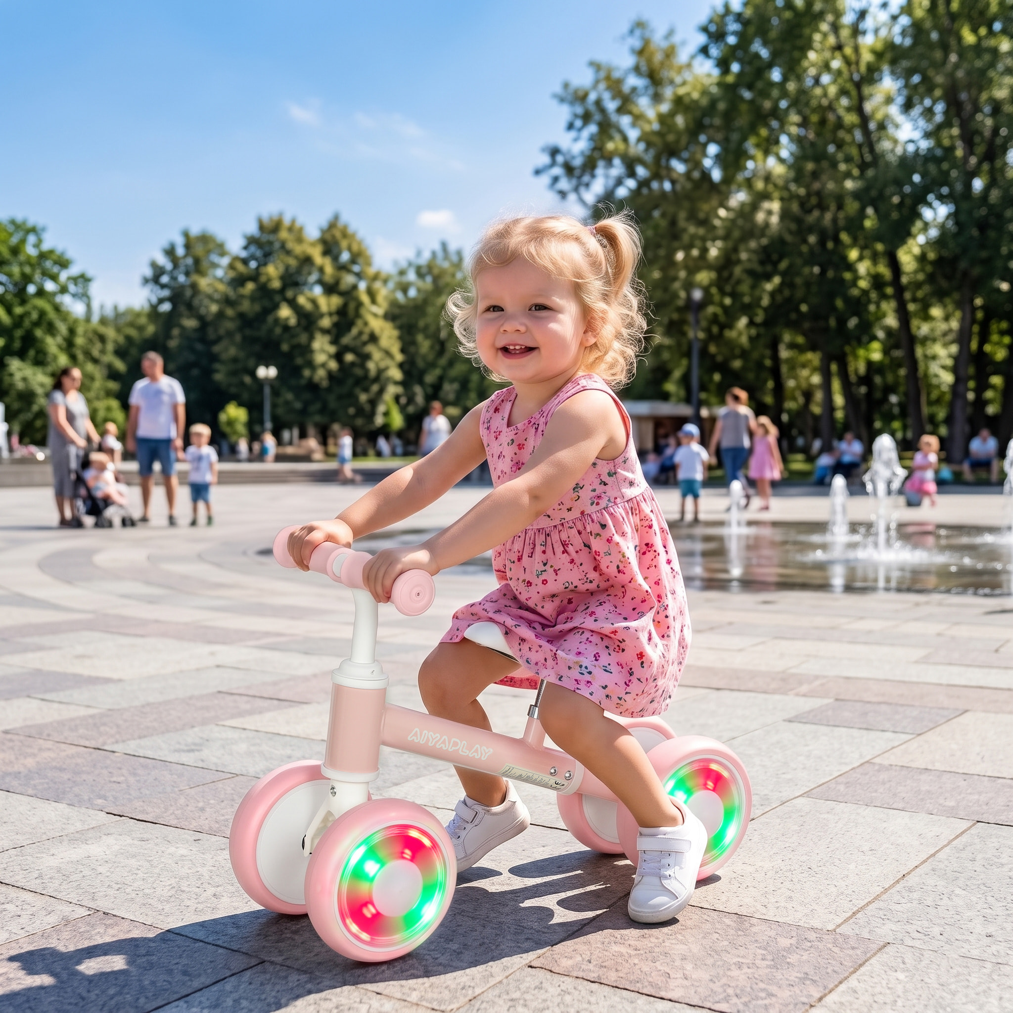 Bicicleta sin Pedales, Bici Correpasillos con Limitado a 135°, Asiento Ajustable en Altura, 4 Ruedas EVA Silenciosas con Luces, Bicicleta de Equilibrio para Niños y Niñas de 1 a 2 Años, Rosa