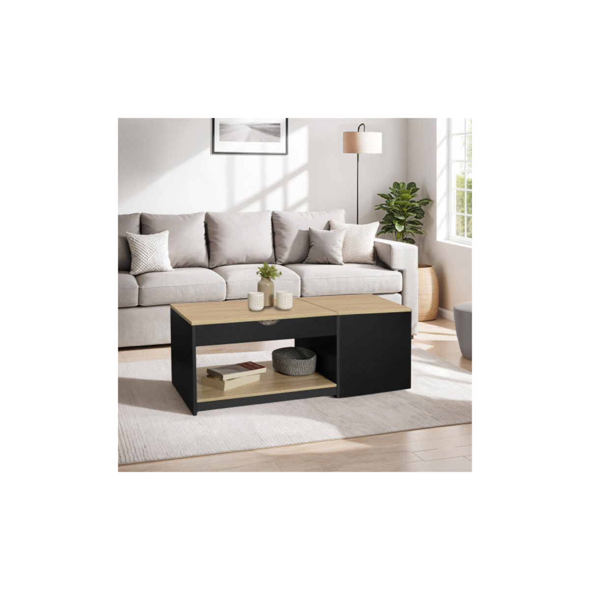 Table basse relevable + coffre Elina - 2 plateaux relevables