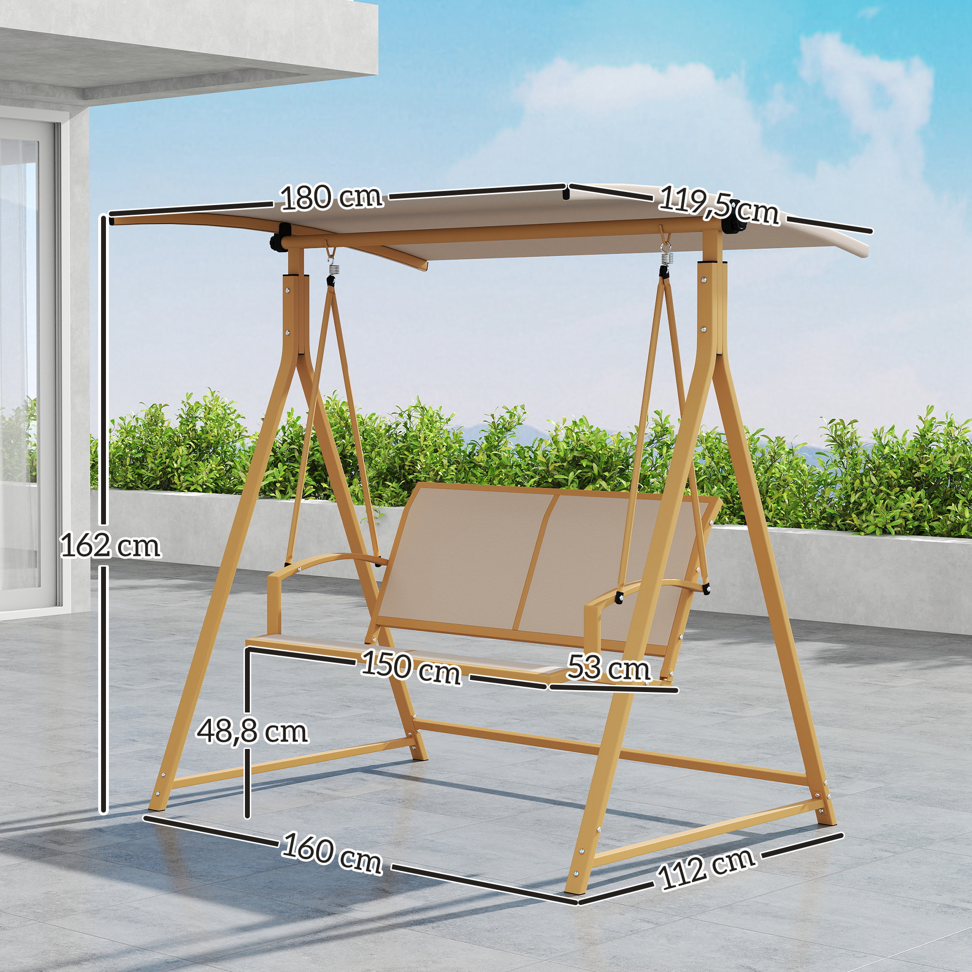 Columpio de Jardín Exterior de 2 Plazas Balancín de Jardín Exterior con Toldo Ajustable 90° Protección UV 30+ y Estructura Triangular de Metal Carga 220 kg 160x112x162 cm Caqui