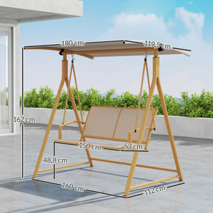Columpio de Jardín Exterior de 2 Plazas Balancín de Jardín Exterior con Toldo Ajustable 90° Protección UV 30+ y Estructura Triangular de Metal Carga 220 kg 160x112x162 cm Caqui