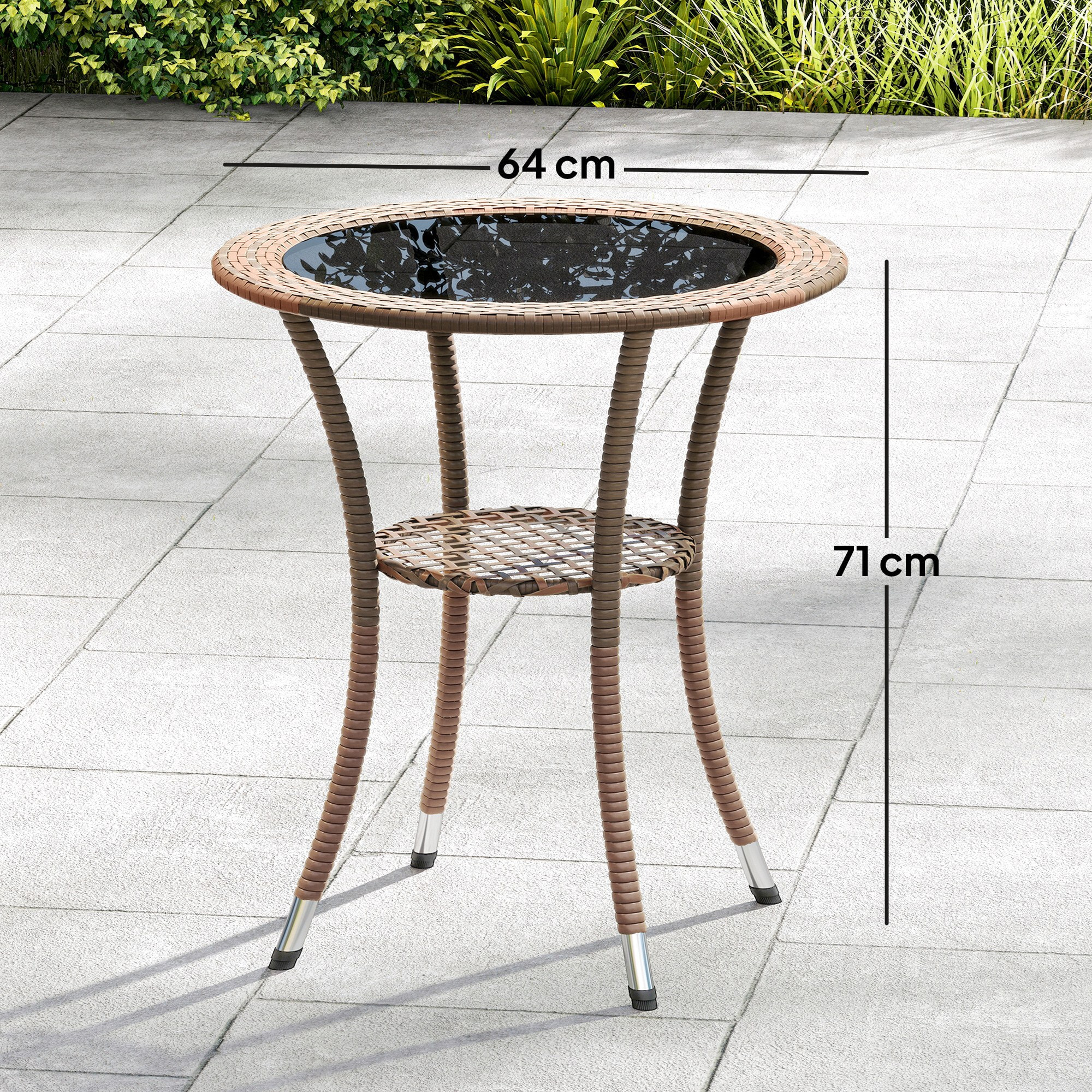 Mesa de Ratán Redonda Ø64x71 cm Mesa de Jardín con Estante Marco de Acero y Tablero de Vidrio Carga 50 kg para Terraza Patio Marrón