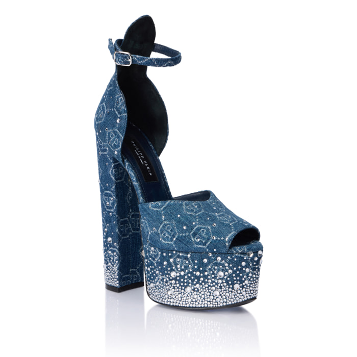 PHILIPP PLEIN Denim High Heels Platforms Monogram Strass