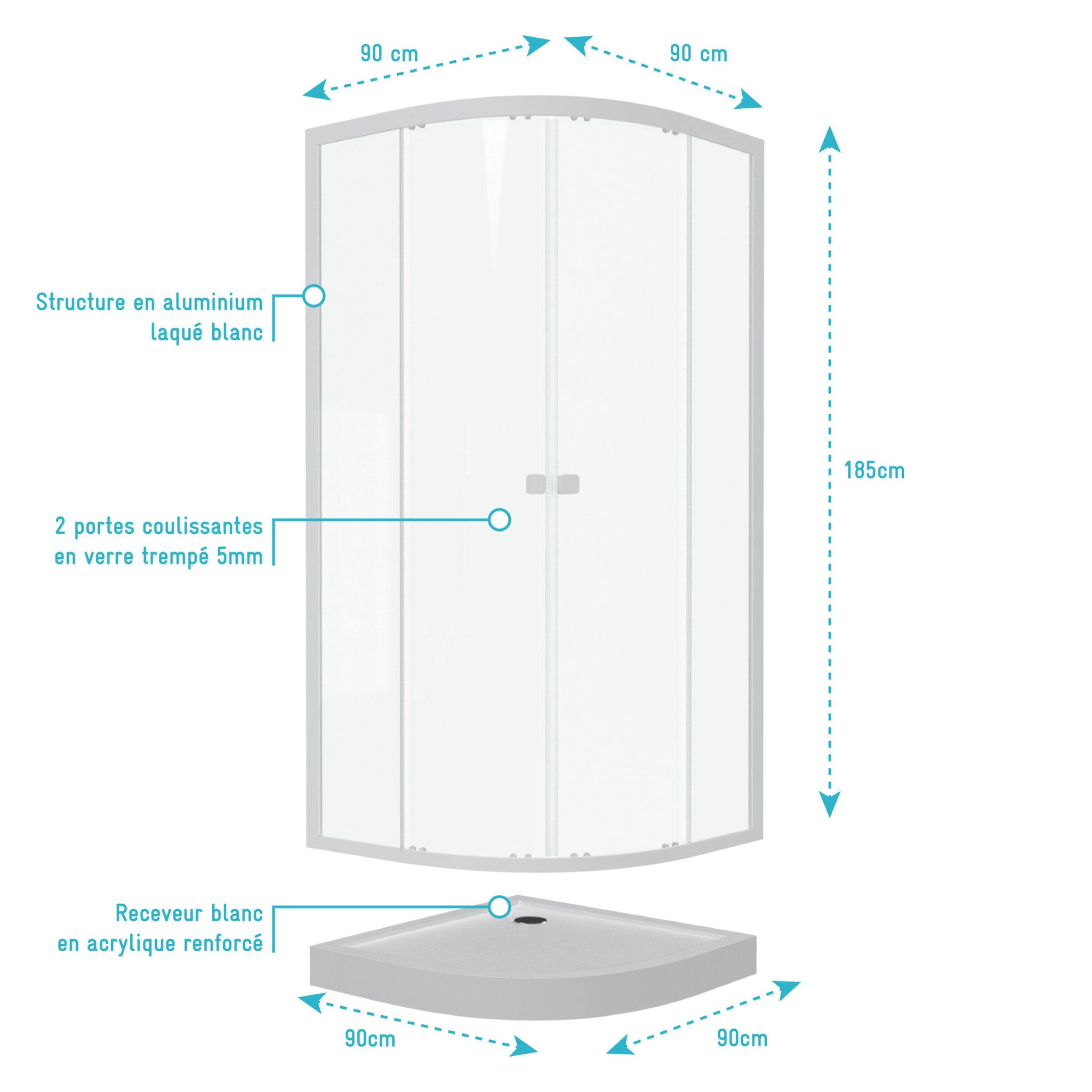 Pack porte de douche coulissante blanc de 89 à 90x190 cm + receveur - WHITY ROUND SLIDE