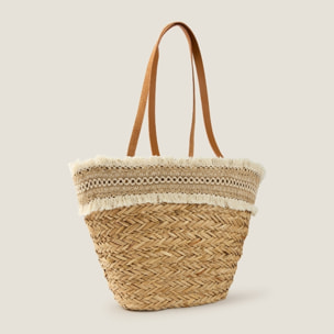 Capazo playa fibras naturales y cinta decorativa Becca color marfil natural