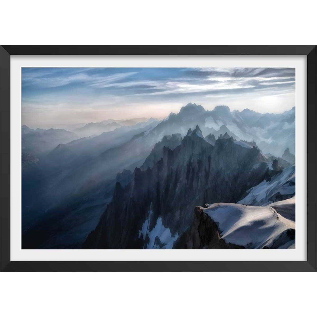 Affiche Un matin à l'Aiguille du Midi Affiche + cadre en bois - Noir