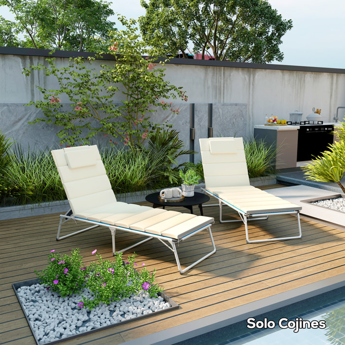 Pack 2 Cojines para Tumbonas Plegables Colchonetas para Tumbonas de Jardín Exterior 203x66x3 cm con Reposacabezas y Correas de Sujeción Crema