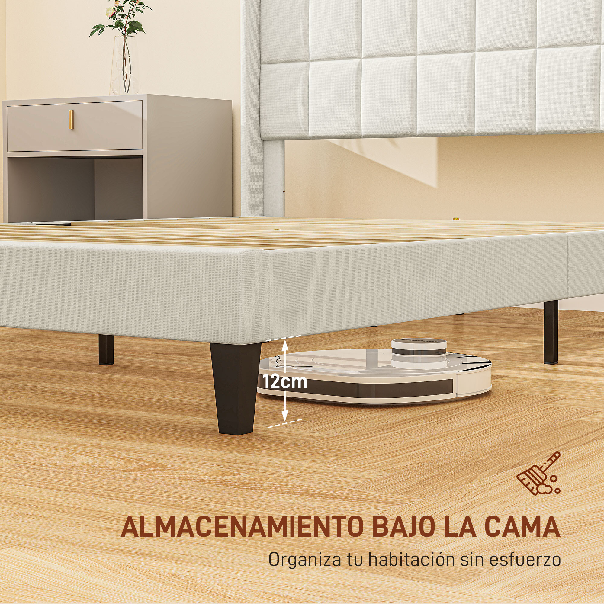 Cama 135x190 cm Estructura de Cama Somier con Cabecera Tapizada de Lino Sintético y Espacio de Almacenamiento Debajo de la Cama Carga 300 kg Beige