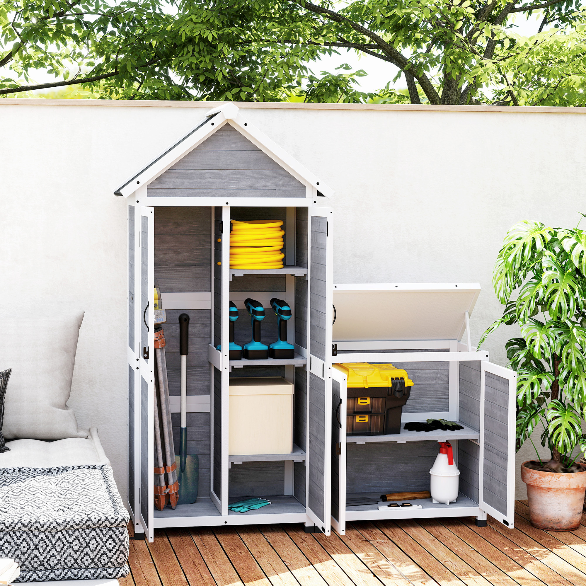 Ensemble armoire de jardin avec coffre extérieur assorti - 2 + 2 portes - 3 + 1 étagères - toit bitumé noir bois gris blanc