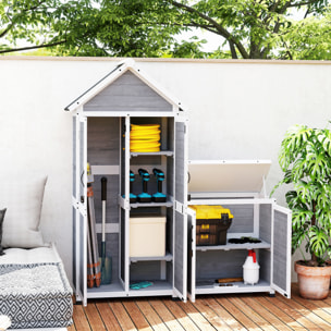 Ensemble armoire de jardin avec coffre extérieur assorti - 2 + 2 portes - 3 + 1 étagères - toit bitumé noir bois gris blanc