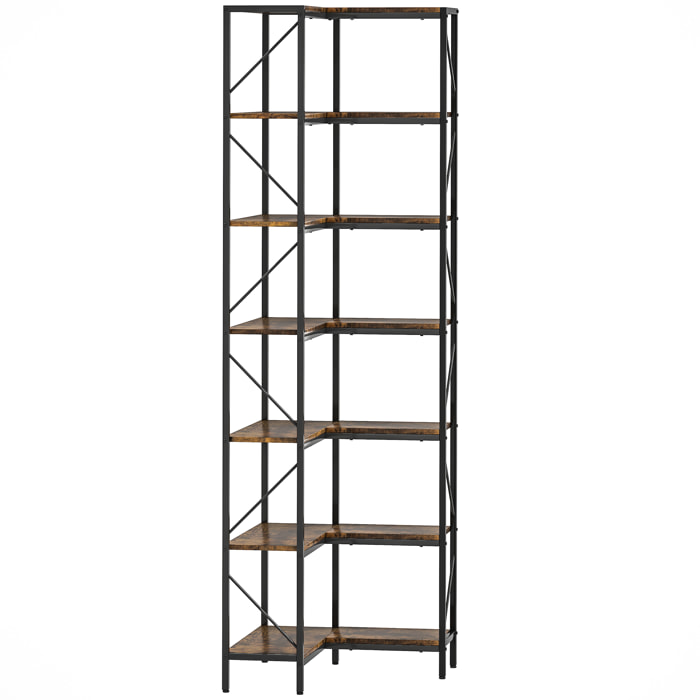 Bibliothèque d'angle 6 étagères design industriel dim. 60 x 60 x 198 cm acier noir effet bois vieilli