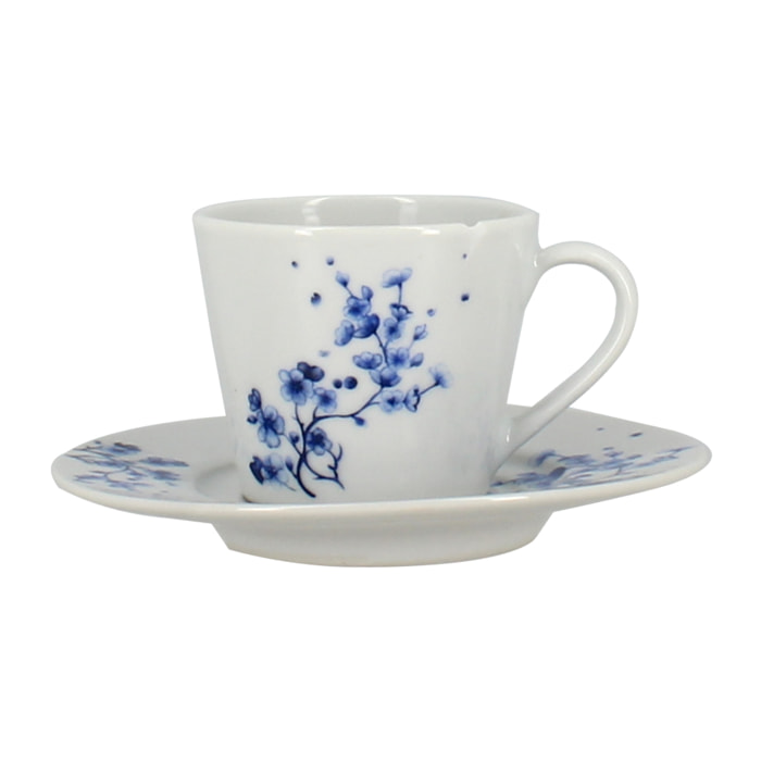 Lot de 6 tasses et soucoupes 22cl en porcelaine blanc - bleu CENTAUREE