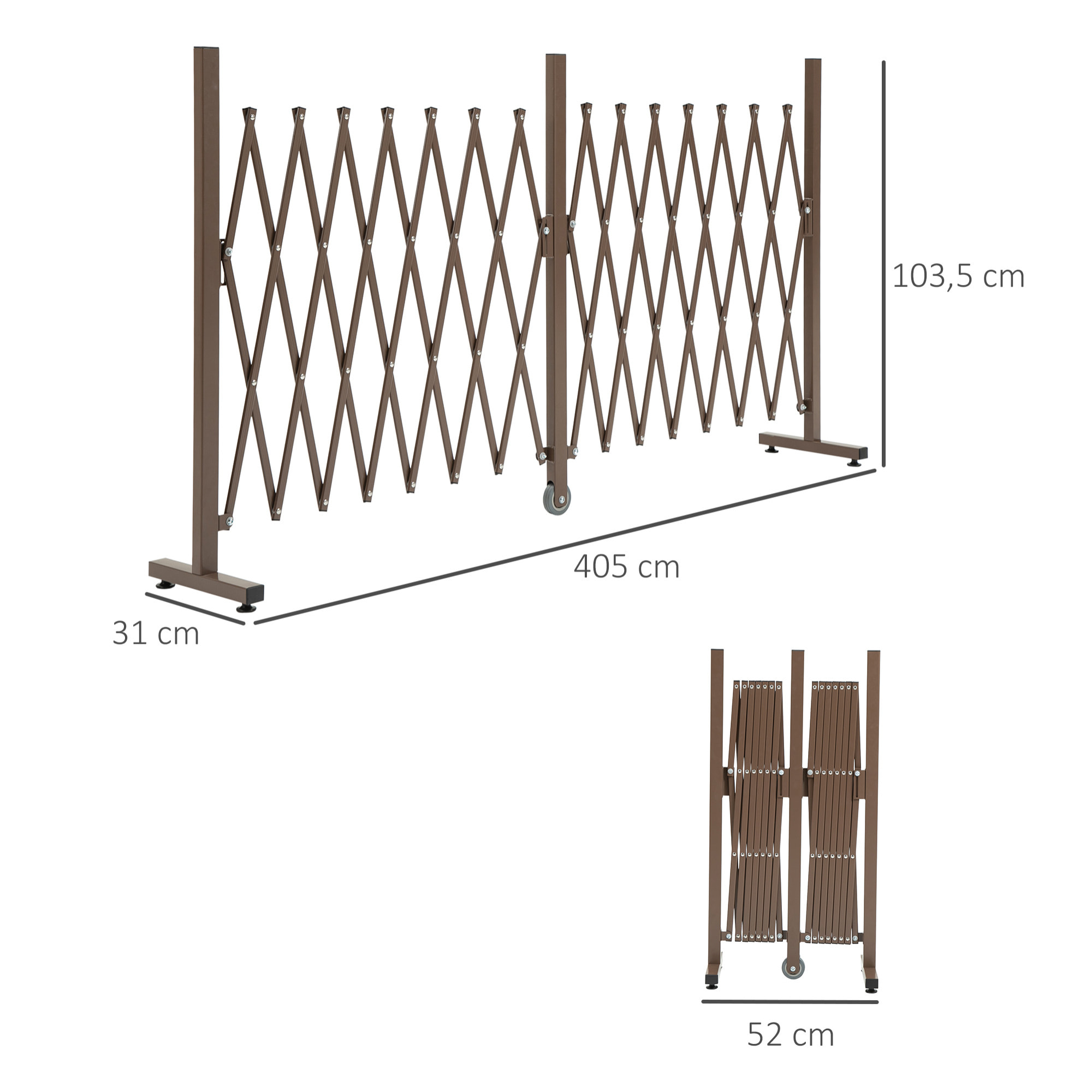 Valla de Jardín Exterior de Aleación de Aluminio Valla Metálica Extensible con Rueda para Decoración Terraza Patio 405x31x103,5 cm Café Oscuro