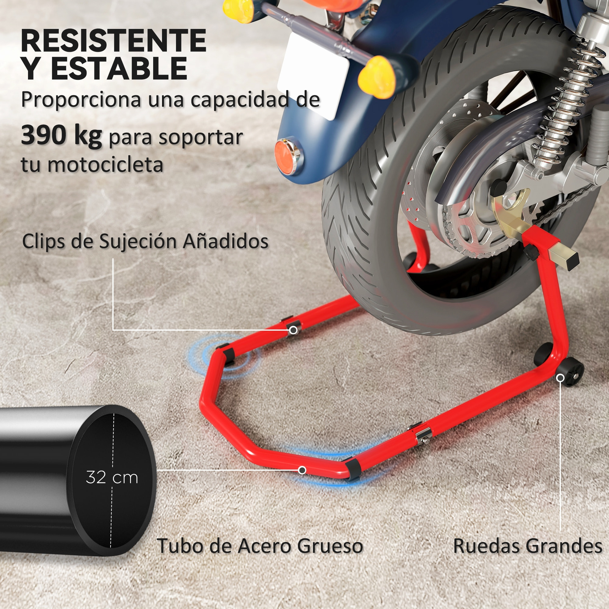 Caballete Moto Elevador Universal Carga 390 kg Soporte Rueda Delantera y Trasera Motocicleta Convertible con Adaptadores de Horquillas en U y L Ajustables y Ruedas para Reparación Mantenimiento