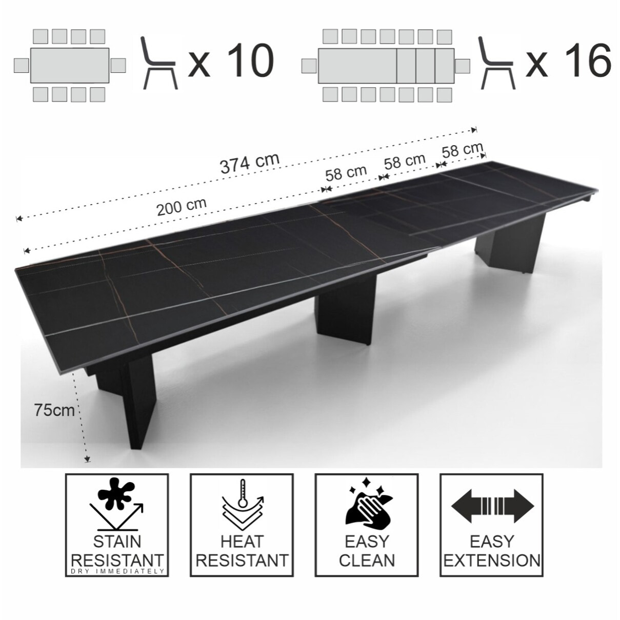 Table à manger extensible Tomasucci LELO, en céramique, marbre noir, gris, 200/258/316/374 × 100 × 75 cm