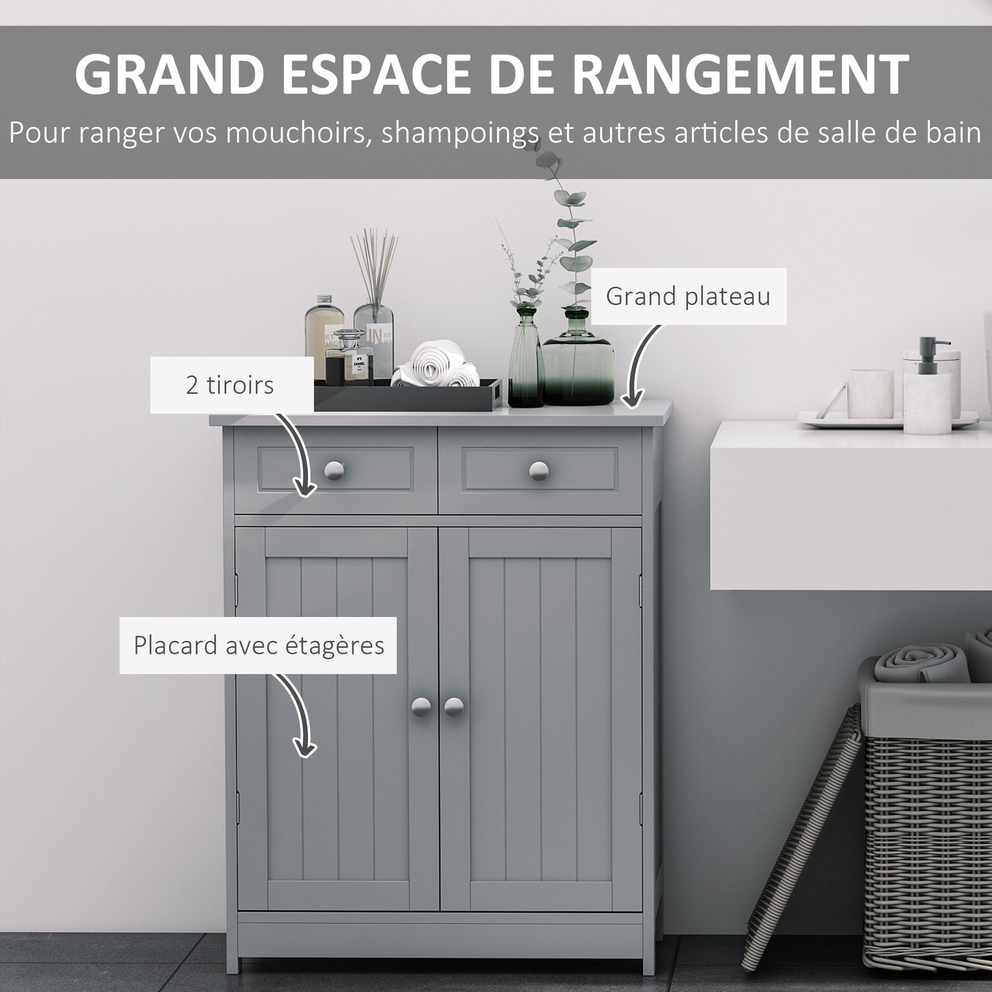 Meuble bas de salle de bain sur pied 2 portes avec étagère réglable 2 tiroirs poignées boutons métal MDF gris