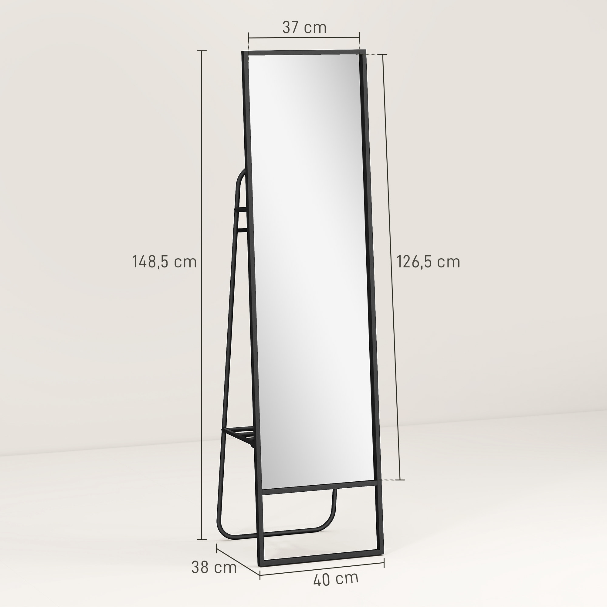 Miroir sur pied avec rangements grande taille dim. 148,5 x 40 cm métal noir