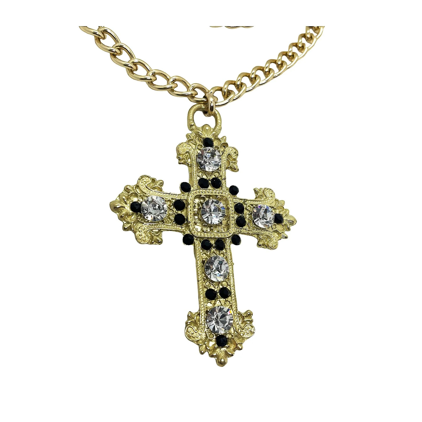 Collar cruz con cristales de sw en cristal y negro sobre dorado. 50cm