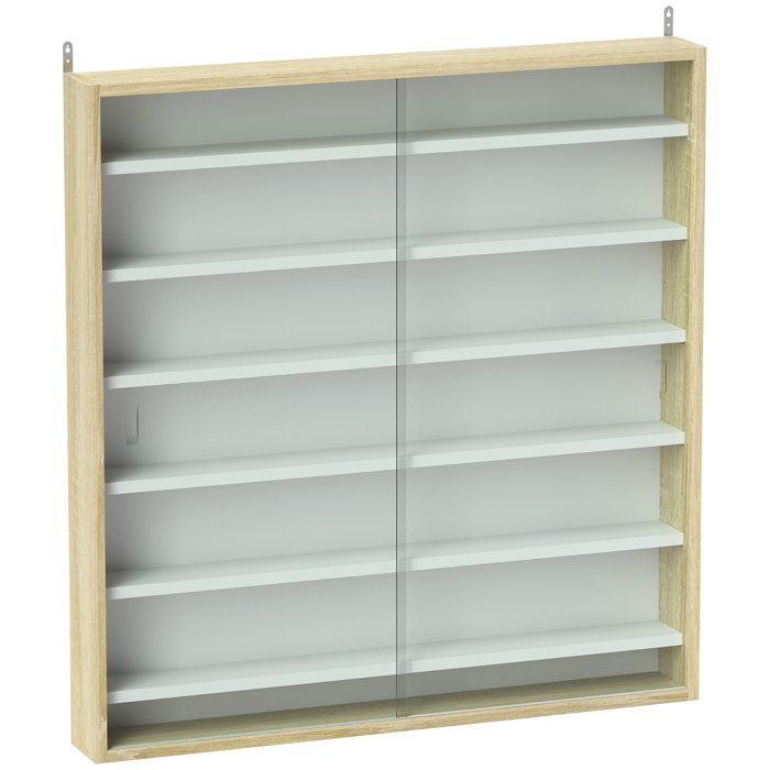 Vitrine murale 6 étagères réglables 2 portes coulissantes verre aspect bois clair blanc